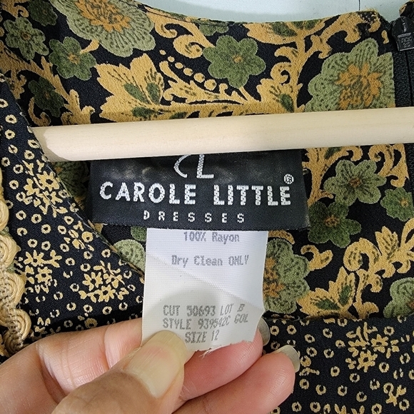 VTG CAROLE LITTLE Maxi Dress Sz 12 Black/Yellow Floral Long Sleeve Back Slit - Picture 11 of 12